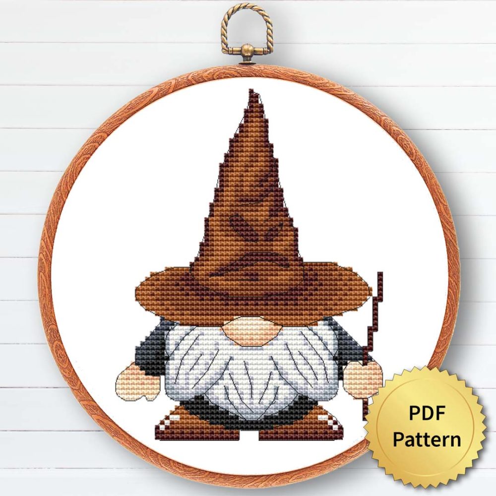 Wizard gnome cross stitch pattern - Enchanting and magical embroidery design