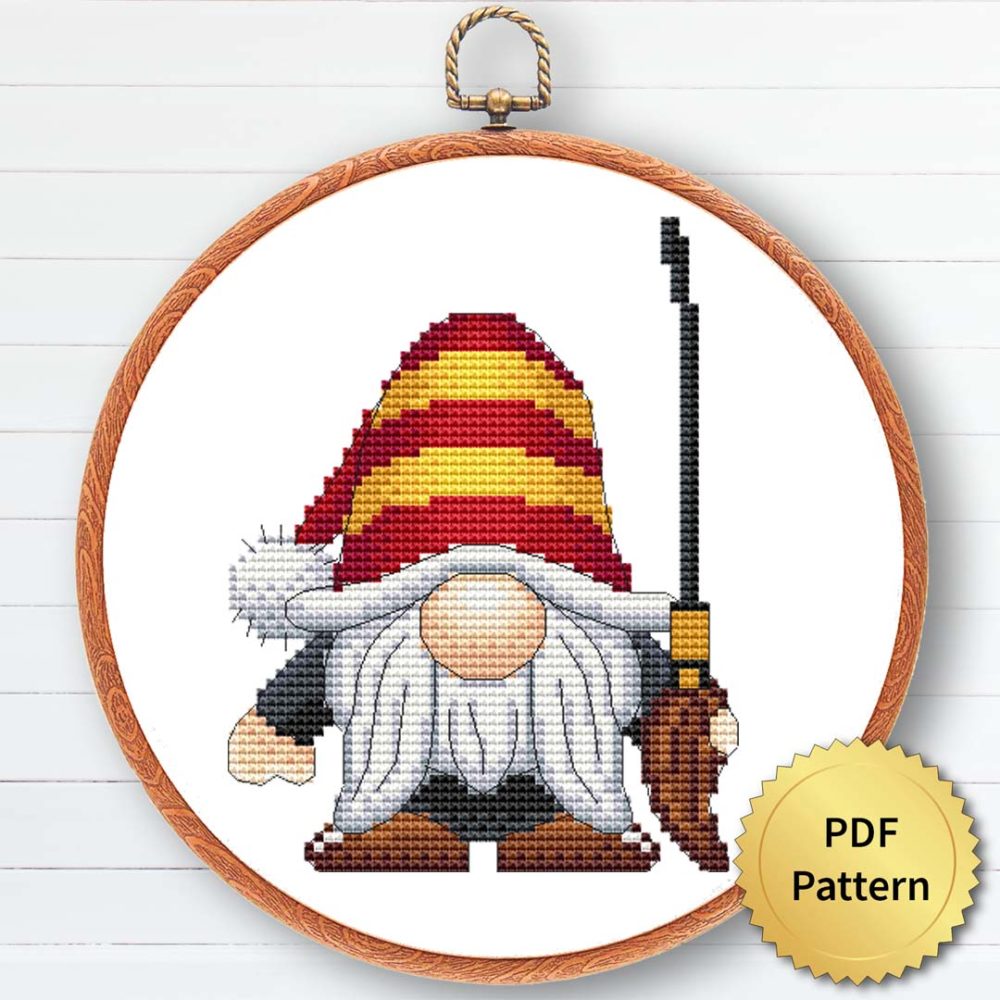 Wizard gnome cross stitch pattern - Enchanting and magical embroidery design