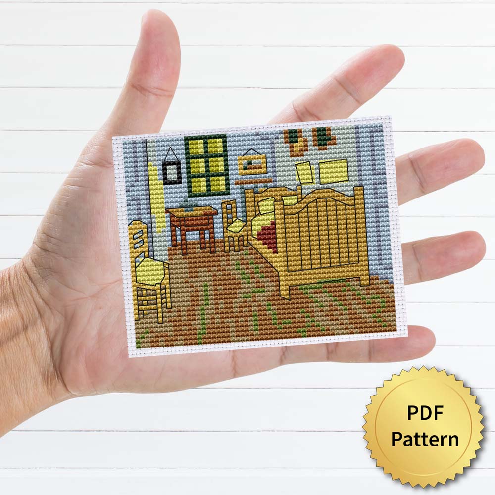 Bedroom in Arles Cross Stitch Pattern featuring a stunning reproduction of the famous Vincent van Gogh painting