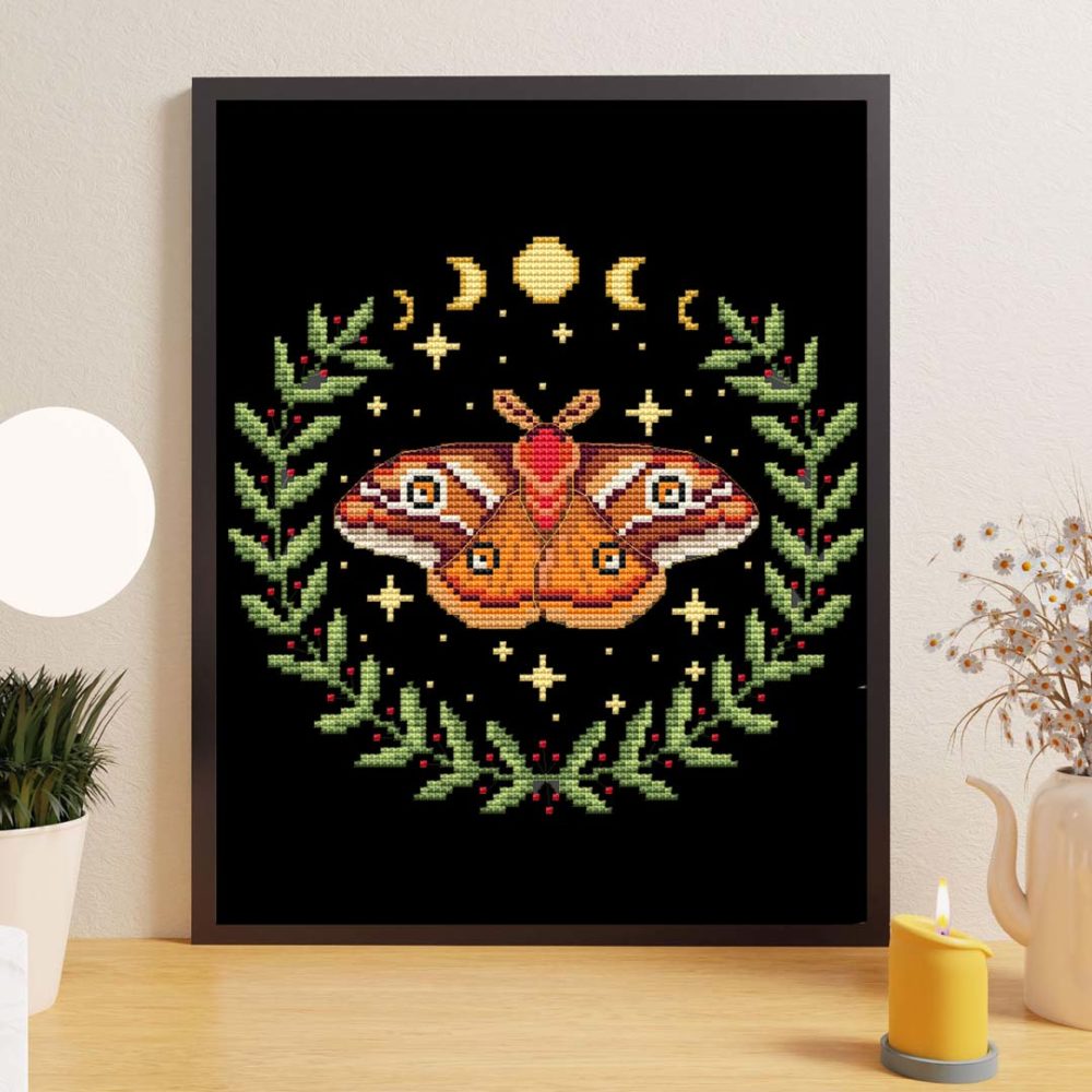 Cottagecore Emperior Moth cross stitch pattern - Whimsical and nature-inspired embroidery design