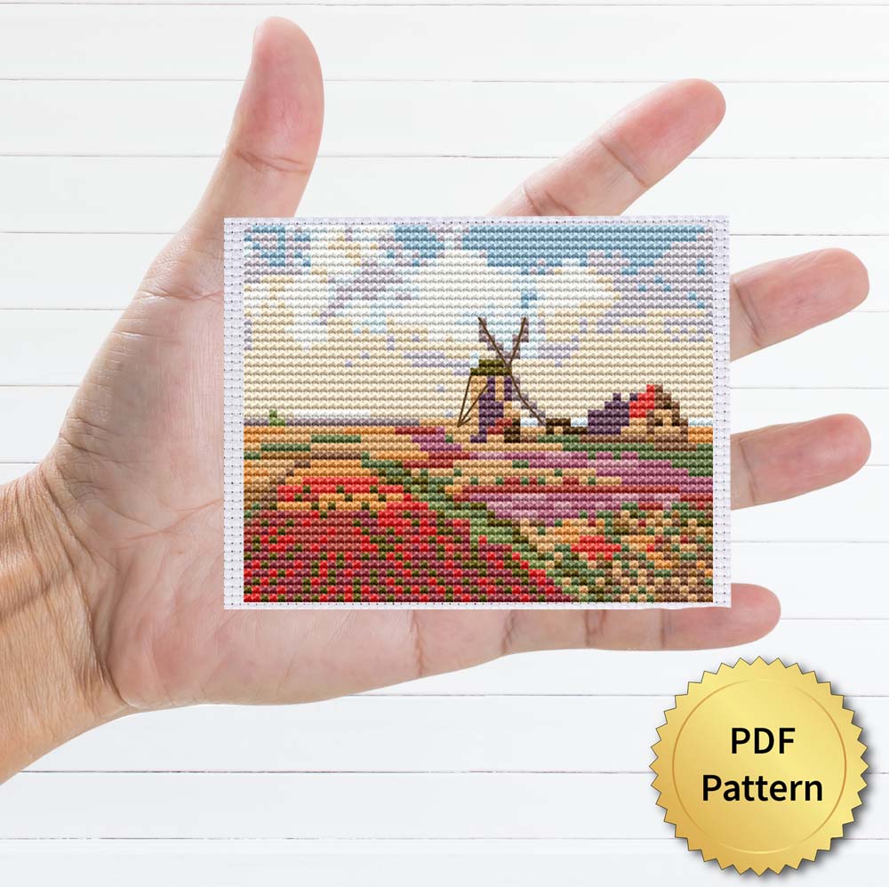 Tulip fields in Holland by Claude Monet cross stitch pattern - Artistic embroidery inspired by Monet's masterpiece