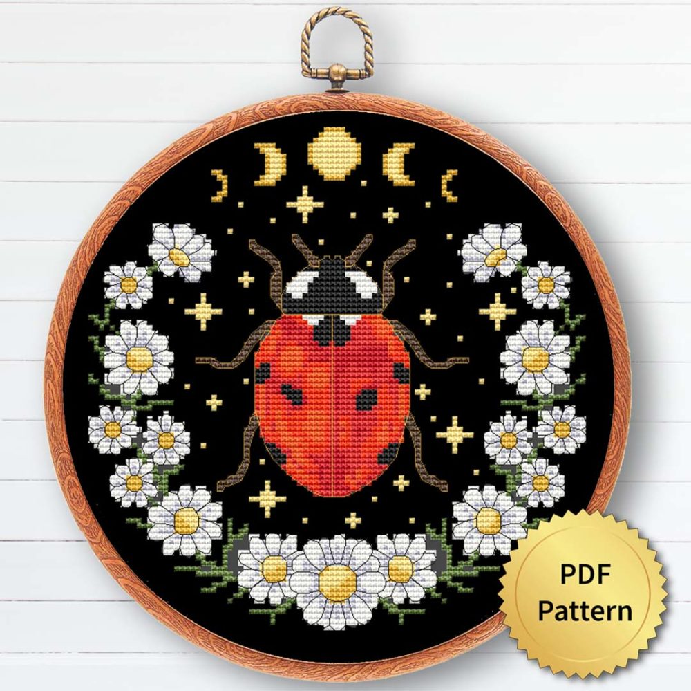 Cottagecore Lady Bug cross stitch pattern - Whimsical and nature-inspired embroidery design