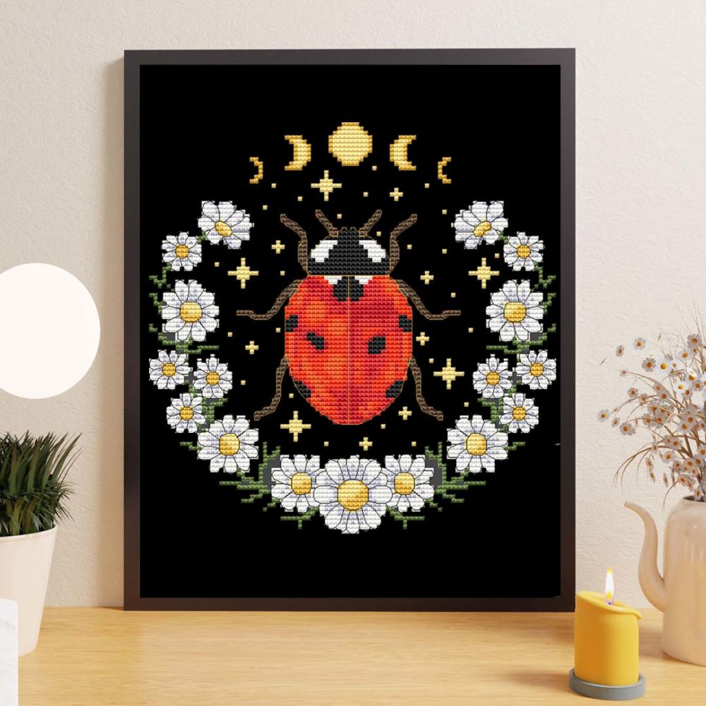 Cottagecore Lady Bug cross stitch pattern - Whimsical and nature-inspired embroidery design