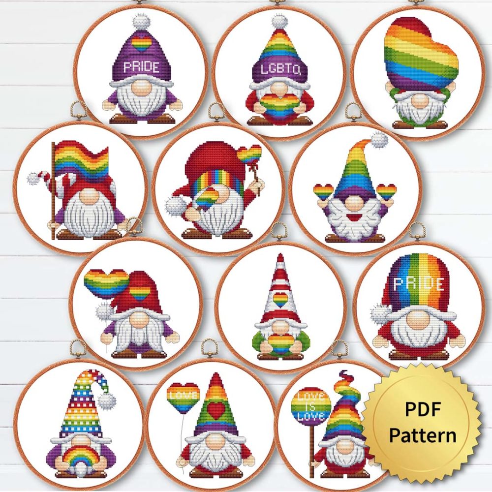 LGBTQ+ gnome cross stitch patterns - Rainbow-inspired pride-themed embroidery design