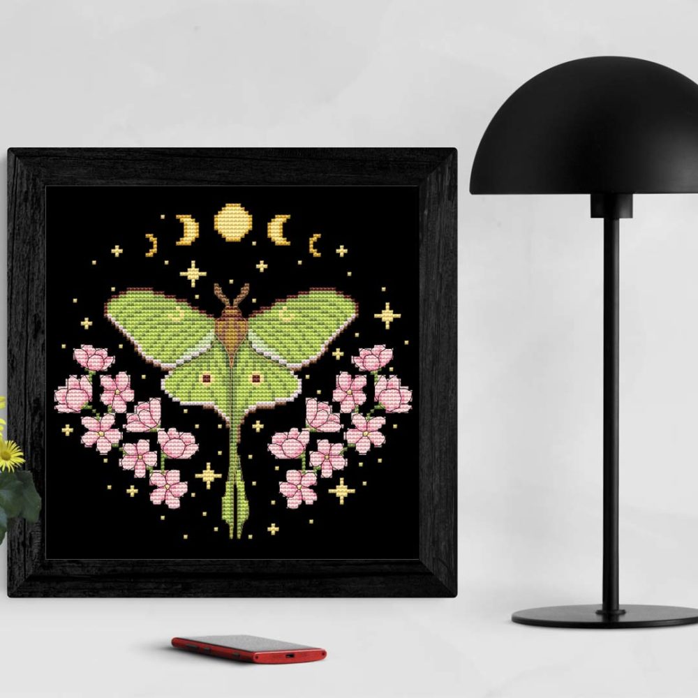 Cottagecore Luna Moth cross stitch pattern - Whimsical and nature-inspired embroidery design