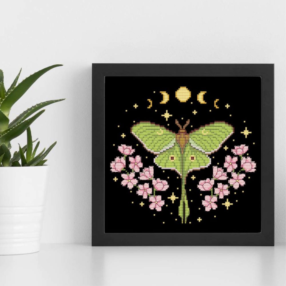 Cottagecore Luna Moth cross stitch pattern - Whimsical and nature-inspired embroidery design