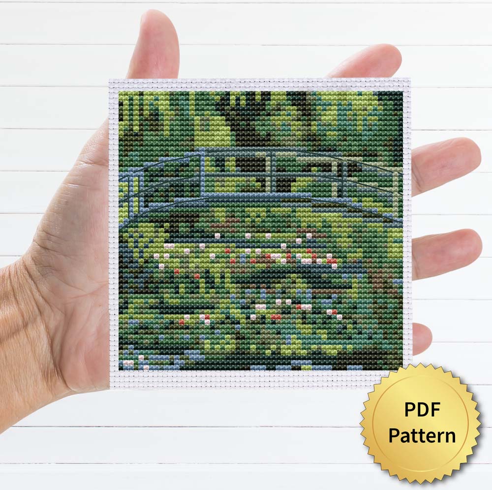 Water Lilies and Japanese Bridge by Claude Monet cross stitch pattern - Artistic embroidery inspired by Monet's masterpiece
