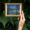 Starry Night Over the Rhone cross stitch pattern featuring a stunning reproduction of the famous Vincent van Gogh painting