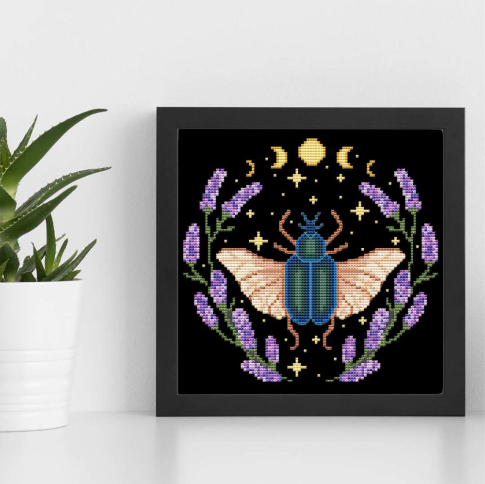 Cottagecore Scarab Bug cross stitch pattern - Whimsical and nature-inspired embroidery design