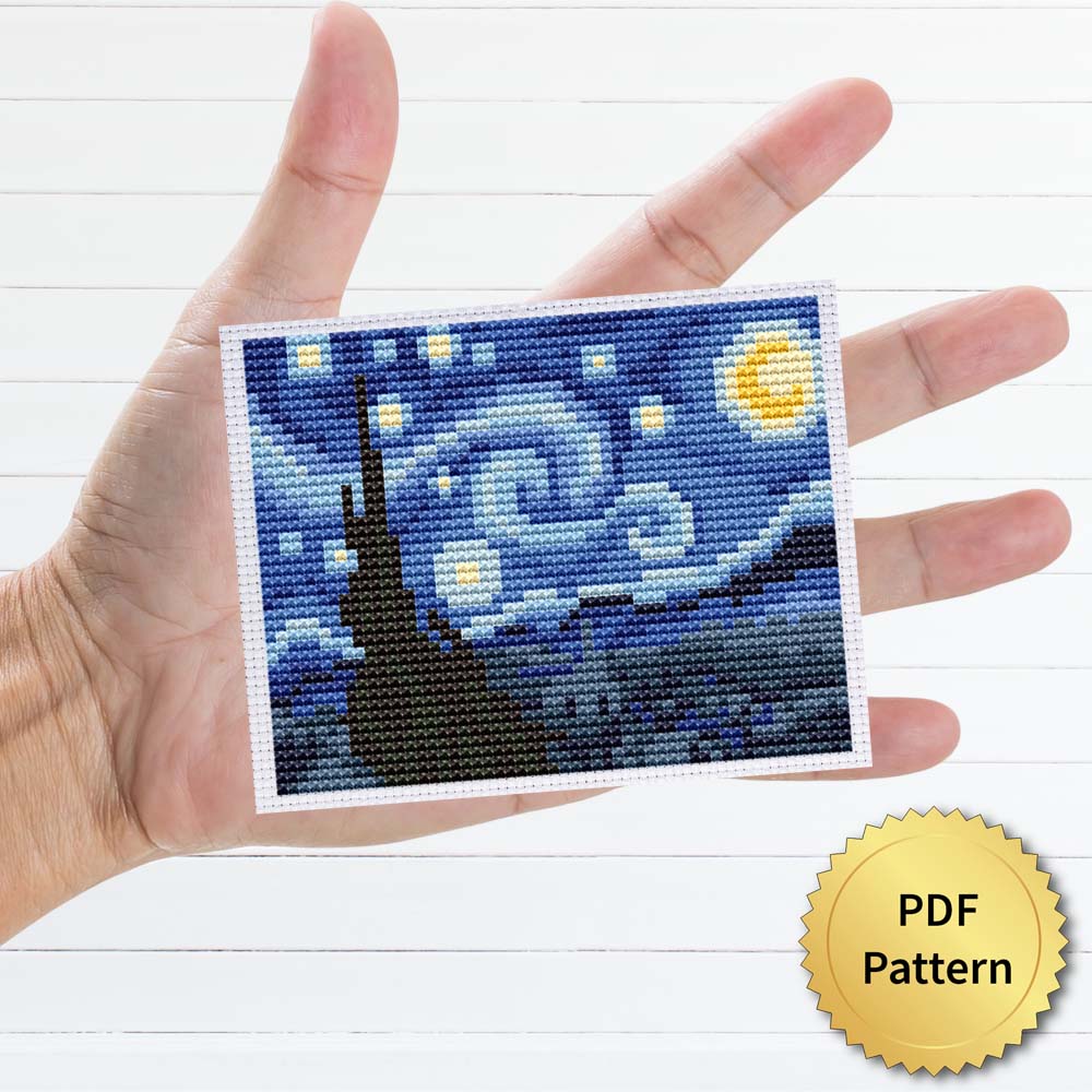Starry Night by Van Gogh cross stitch pattern featuring a beautiful reproduction of the iconic painting