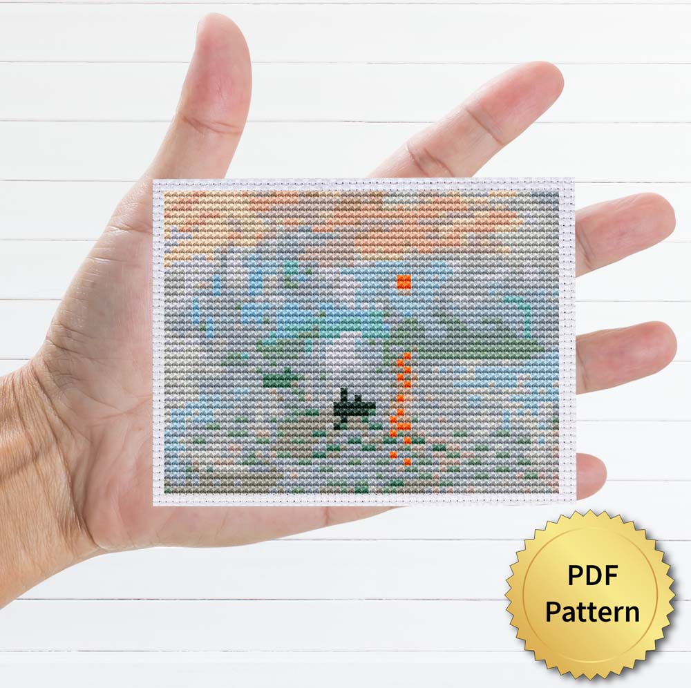 Sunrise by Claude Monet cross stitch pattern - Artistic embroidery inspired by Monet's masterpiece