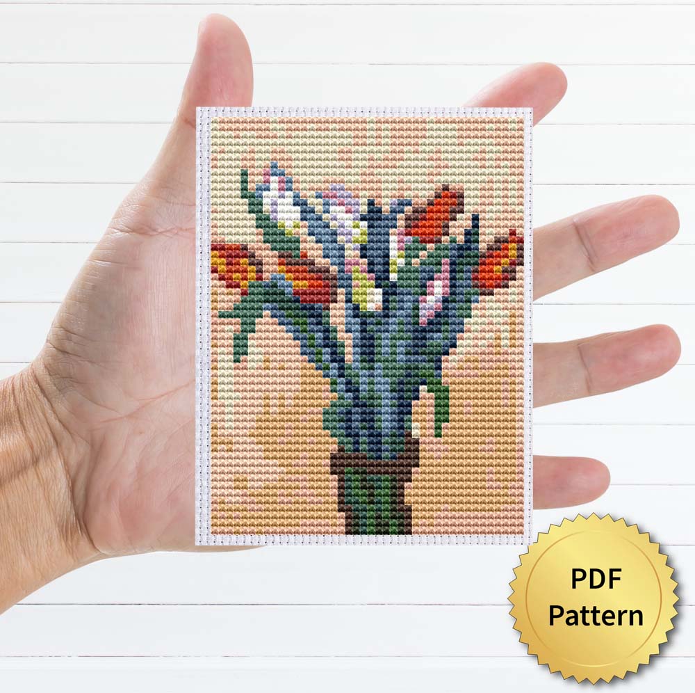 Vase of Tulips by Claude Monet cross stitch pattern - Artistic embroidery inspired by Monet's masterpiece