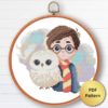 Young wizard with owl cross stitch pattern